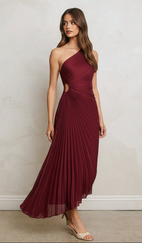 Olympia Asymmetrical Pleated Maxi Dress