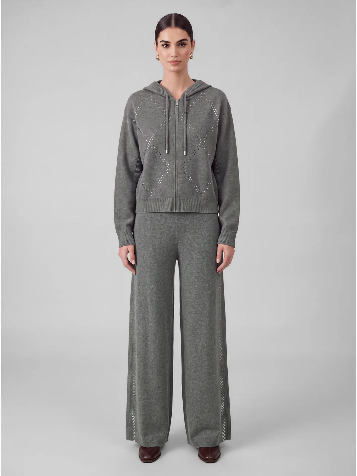 Zip Up Cropped Knit Hoodie with Rhinestone