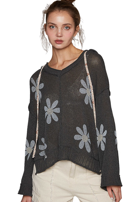 L/S V-Neck Floral Print Hooded Sweater