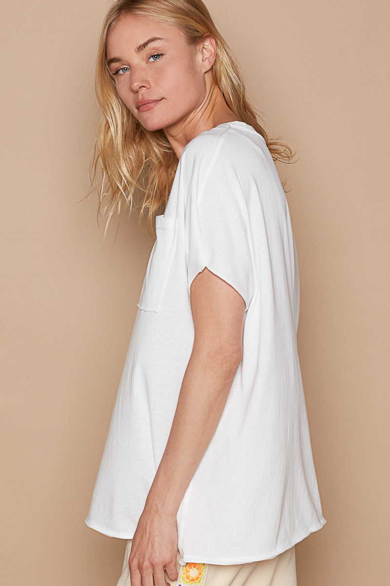 S/S Oversize V-Neck Front Pocket Top