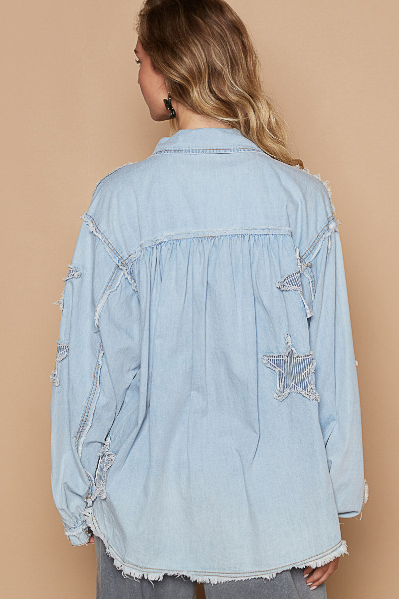 Relaxed Fit Denim Top with Star Patches