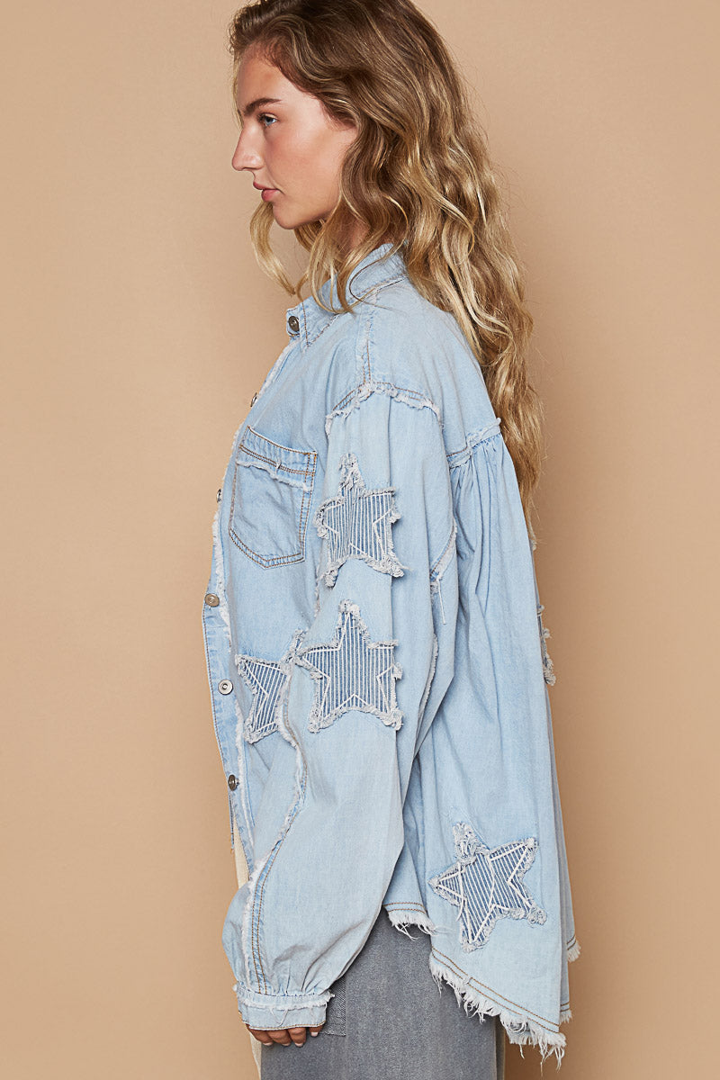 Relaxed Fit Denim Top with Star Patches