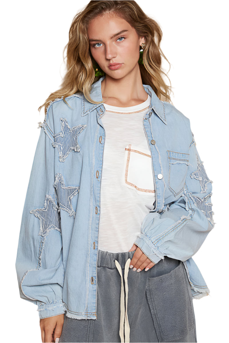 Relaxed Fit Denim Top with Star Patches