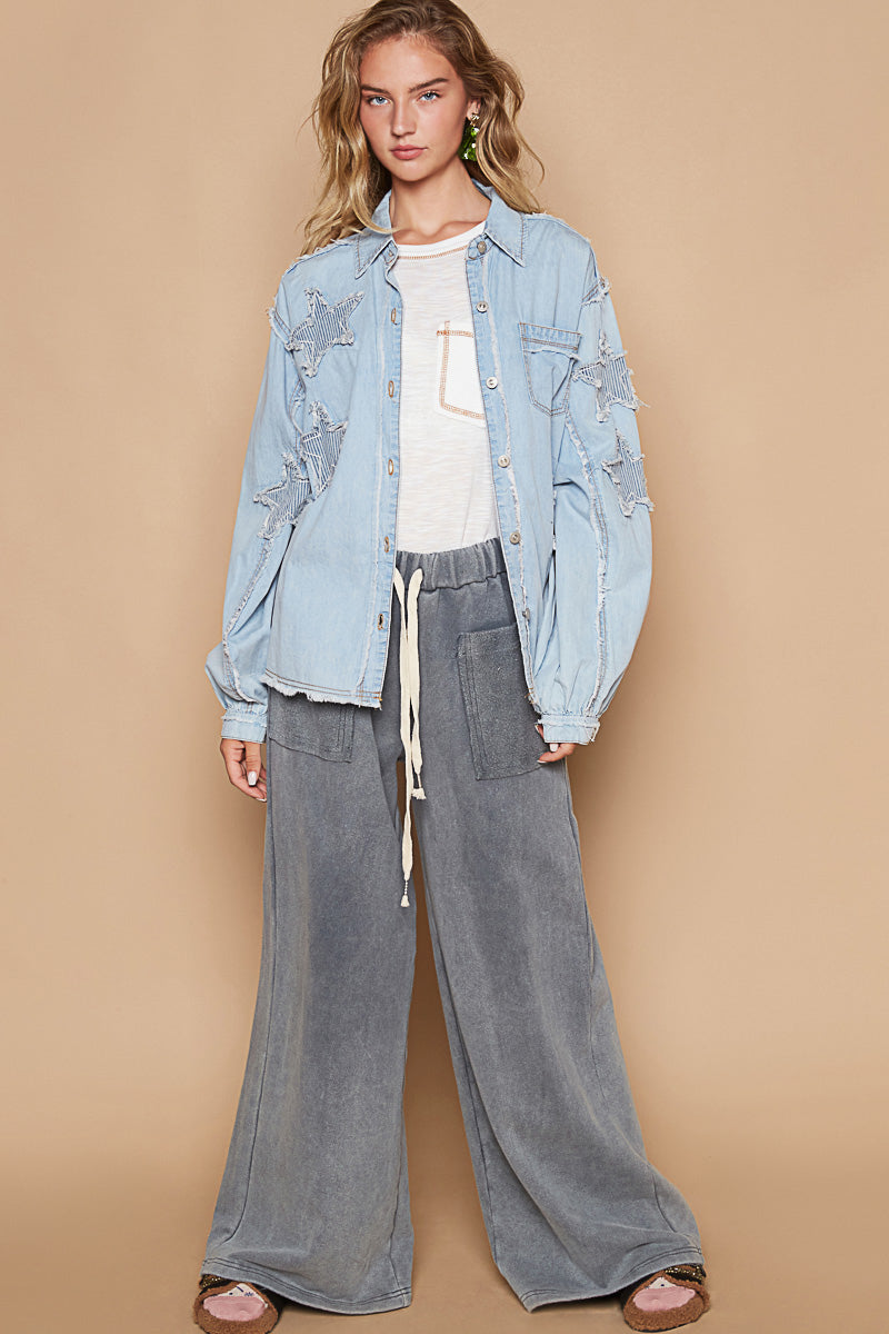 Relaxed Fit Denim Top with Star Patches