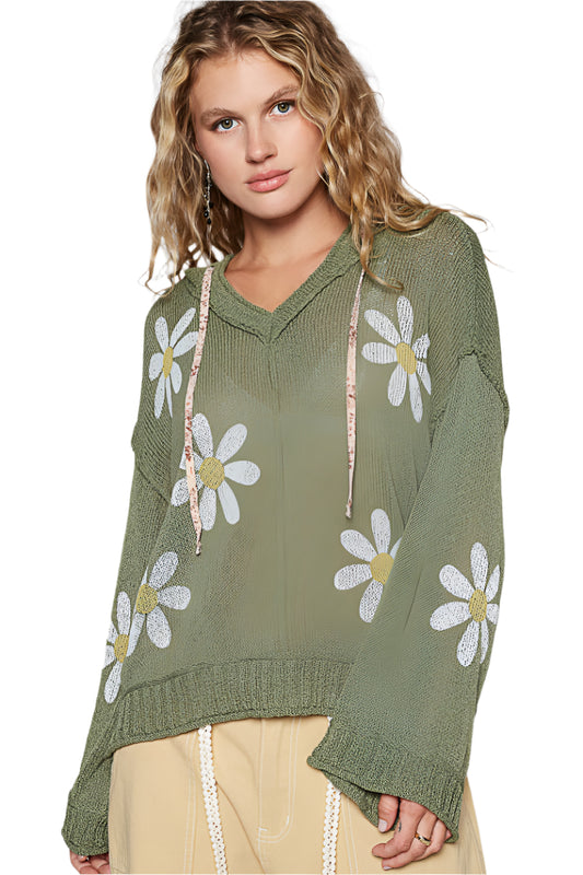 L/S V-Neck Floral Print Hooded Sweater