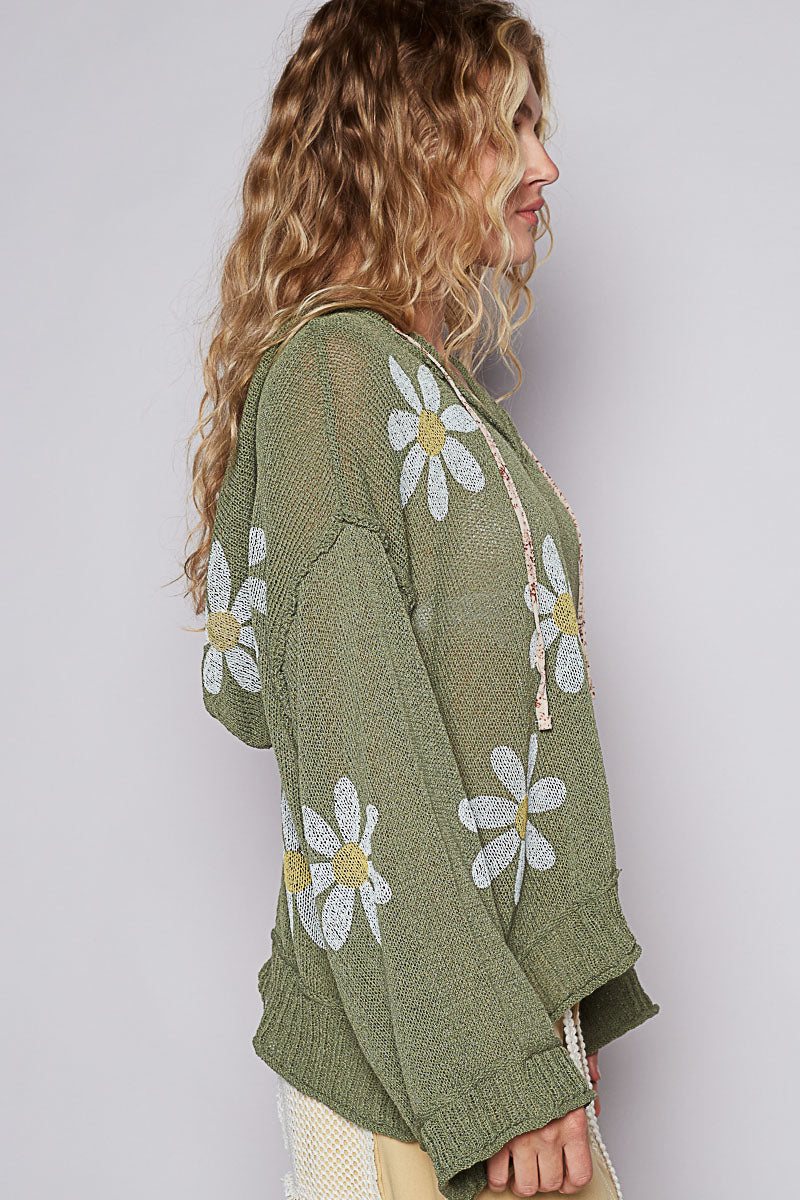 L/S V-Neck Floral Print Hooded Sweater