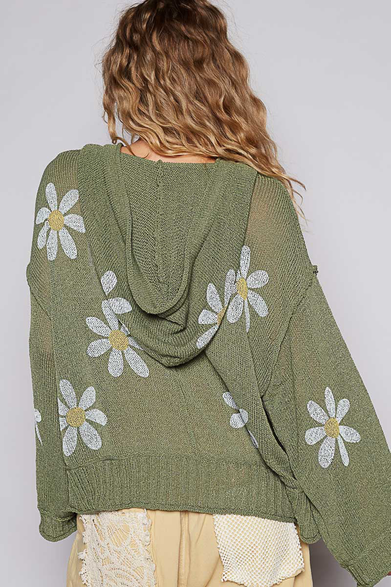 L/S V-Neck Floral Print Hooded Sweater