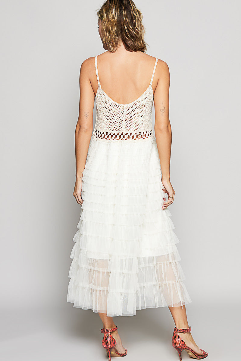 Round Neck Sleeveless Crochet with Lace Ruffle Dress