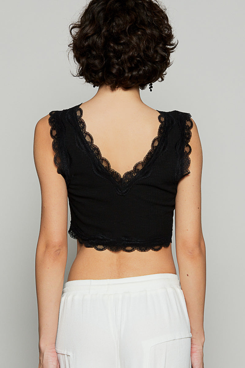 V-Neck Cropped Tank with Lace