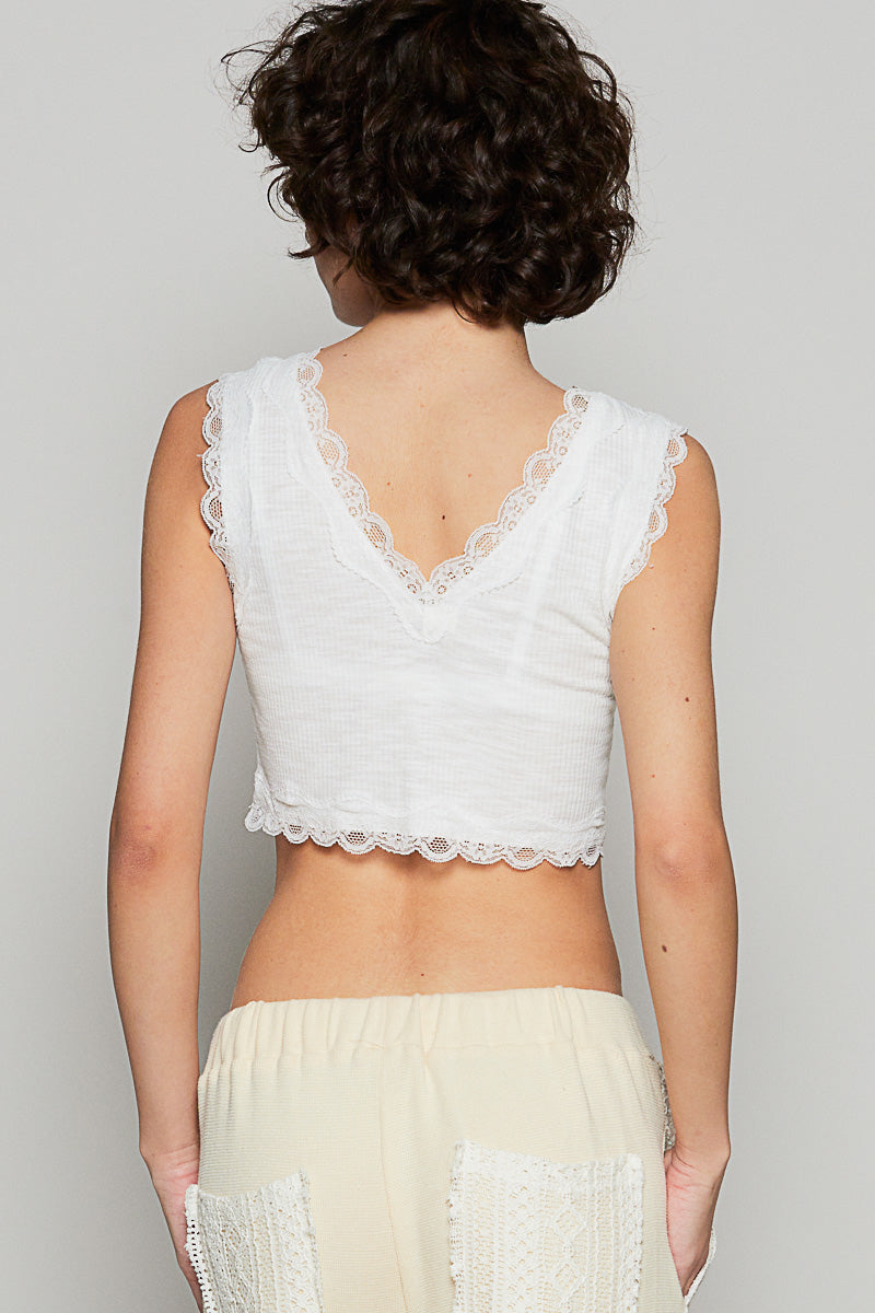 V-Neck Cropped Tank with Lace