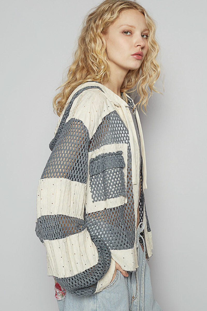 Balloon Sleeve Hoodie with Crochet Patch and Front Pockets
