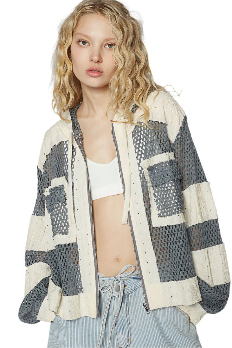 Balloon Sleeve Hoodie with Crochet Patch and Front Pockets