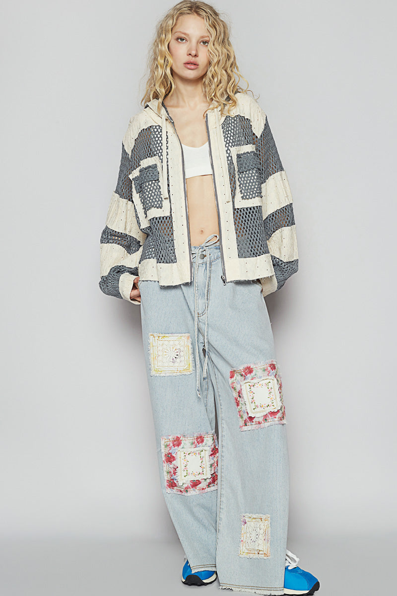 Balloon Sleeve Hoodie with Crochet Patch and Front Pockets