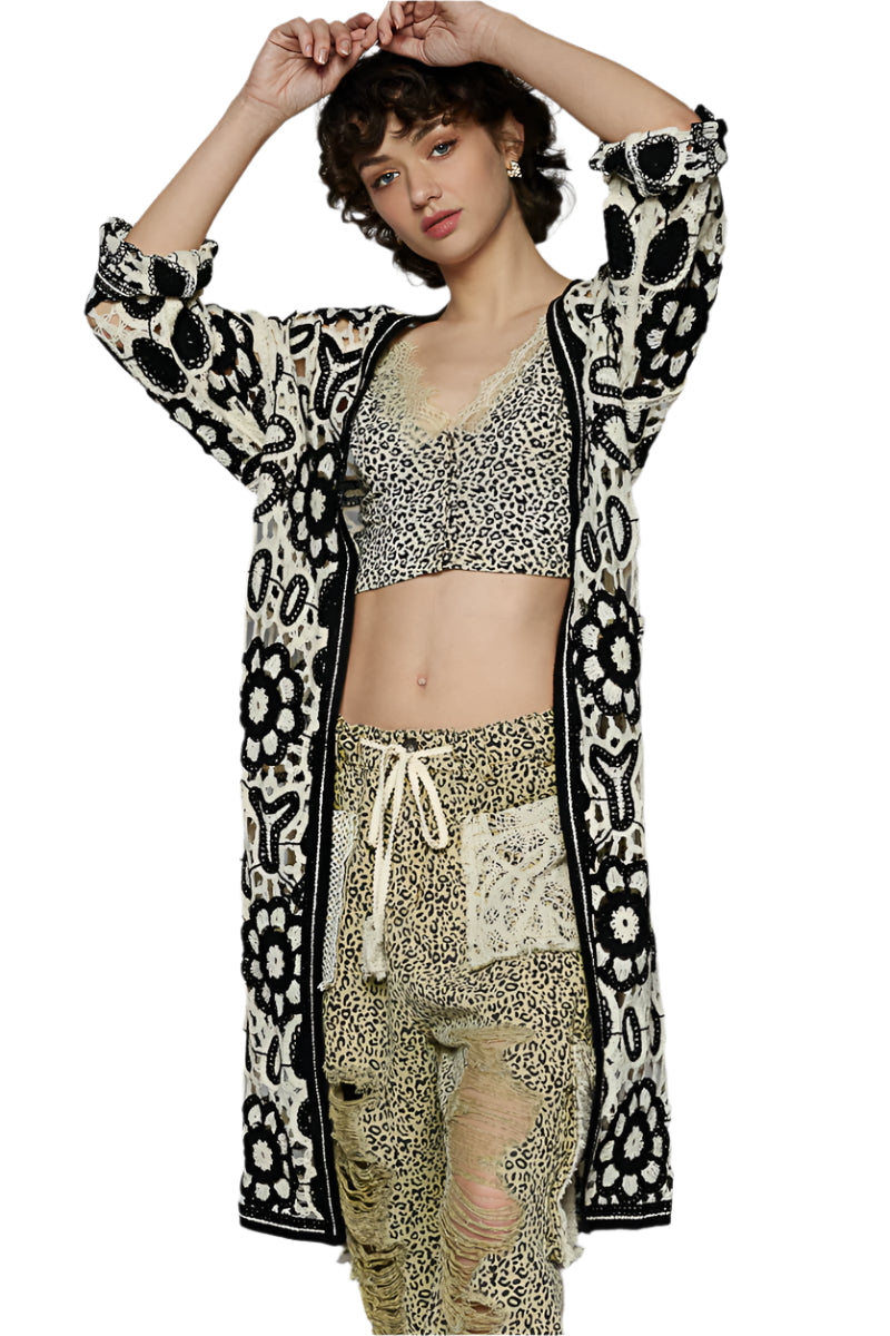 V-neck Long Sleeve Roomy Fit Crochet Cardigan