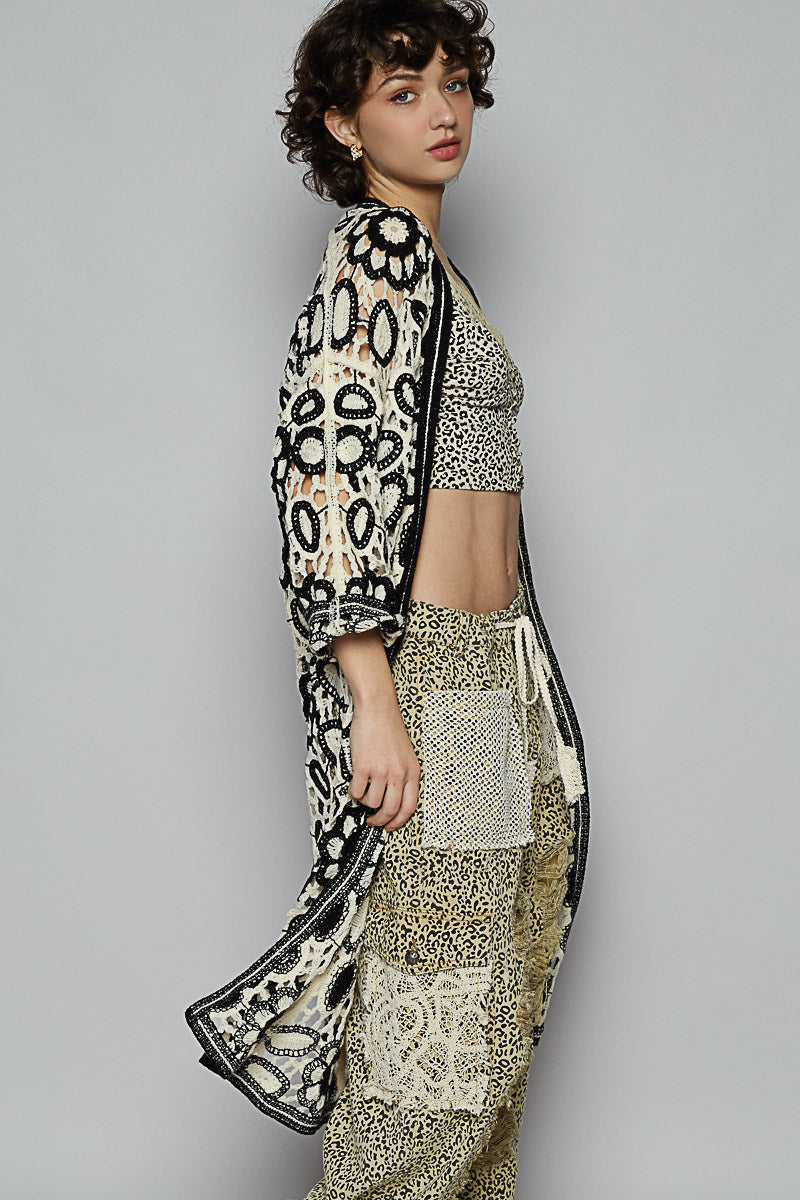 V-neck Long Sleeve Roomy Fit Crochet Cardigan