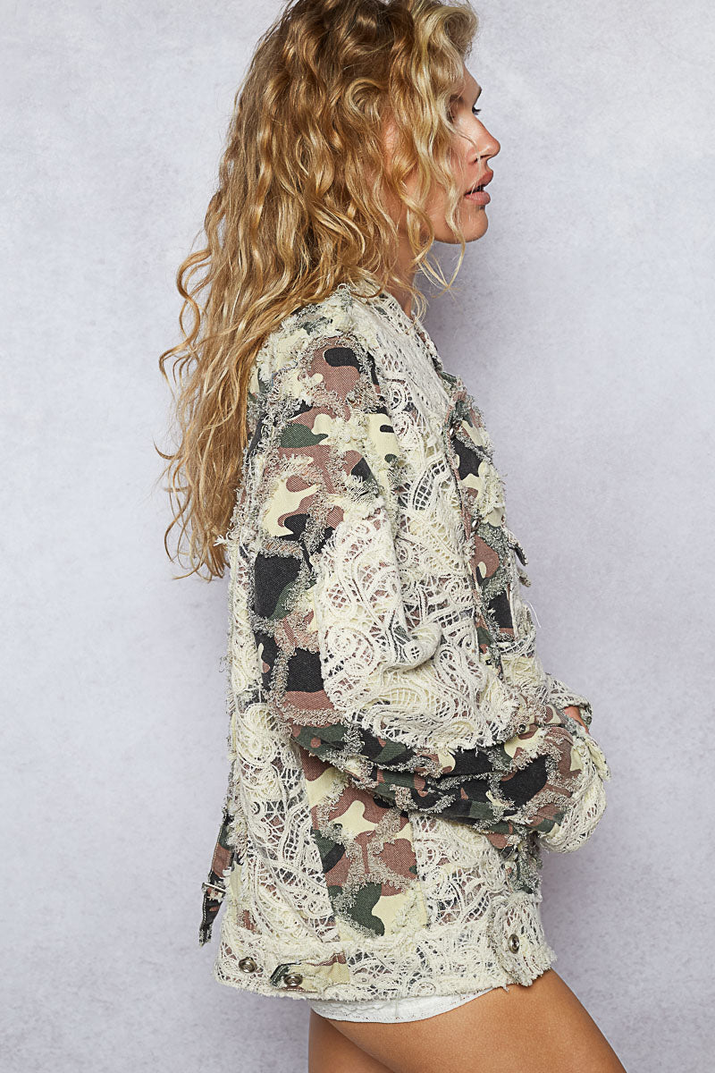 Printed Twill Moto Jacket with Mesh and Lace