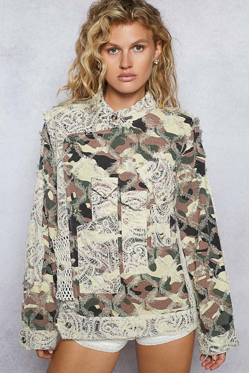 Printed Twill Moto Jacket with Mesh and Lace