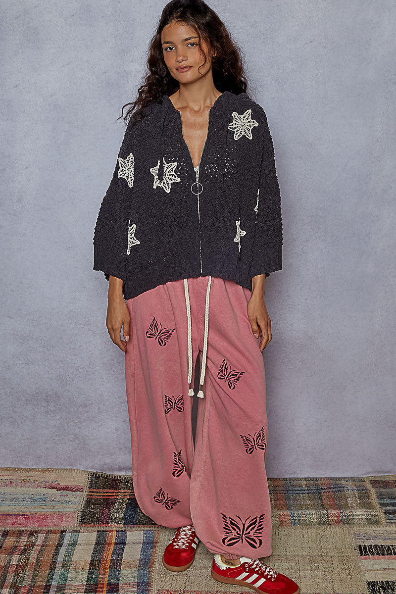Balloon Sleeve Sweater with Flower Patches