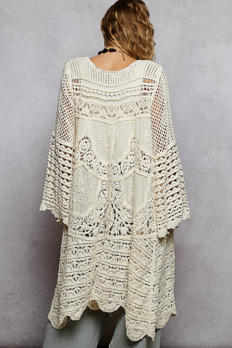 L/S Crochet Open Front Long Sweater