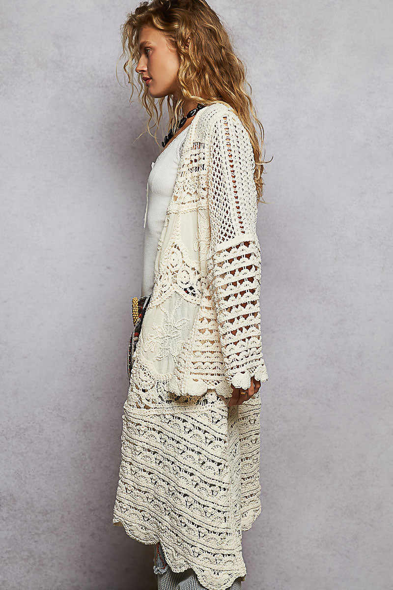 L/S Crochet Open Front Long Sweater
