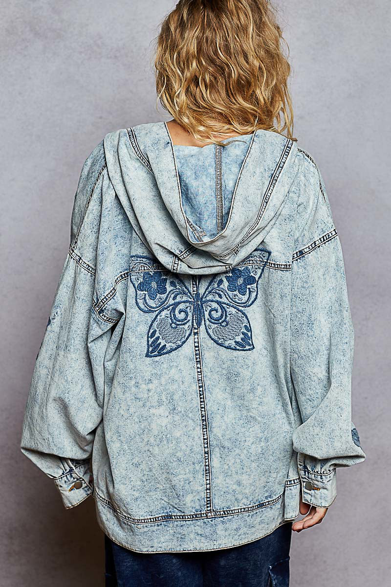 Open Front Denim Hoodie with Butterflies