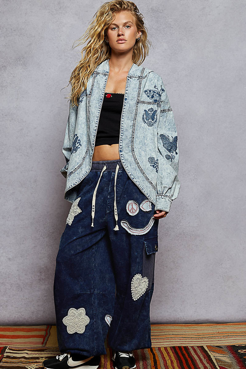 Open Front Denim Hoodie with Butterflies