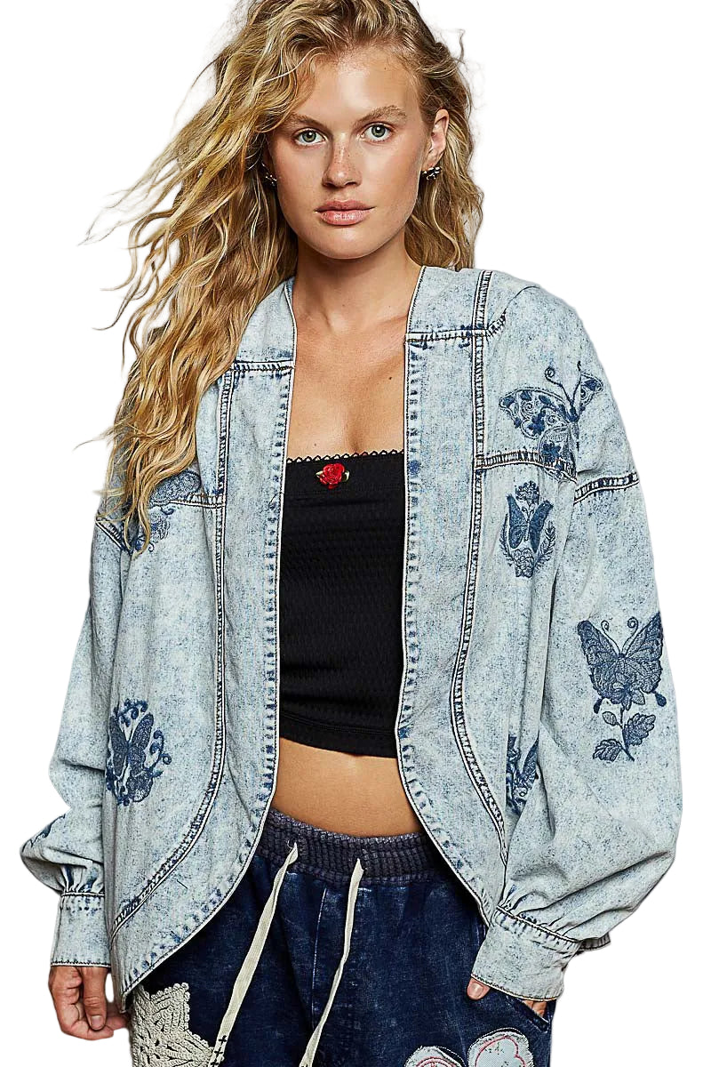 Open Front Denim Hoodie with Butterflies