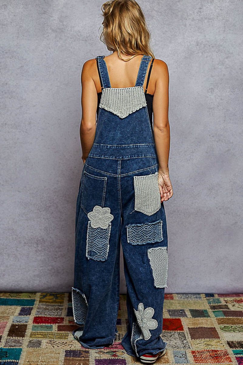 Roomy Fit Denim Overalls with Crochet Patches