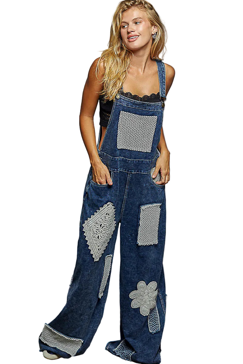 Roomy Fit Denim Overalls with Crochet Patches