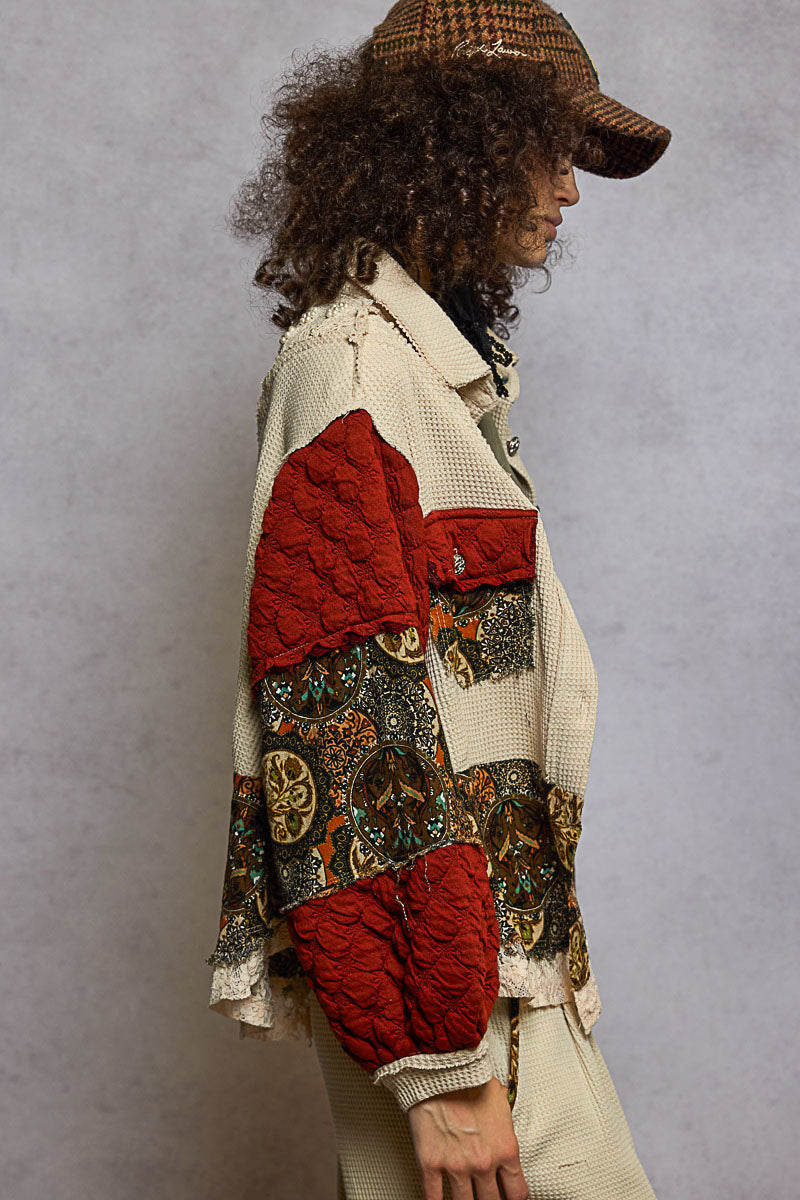 Balloon Sleeve Jacket with Pearls and Floral Patterns