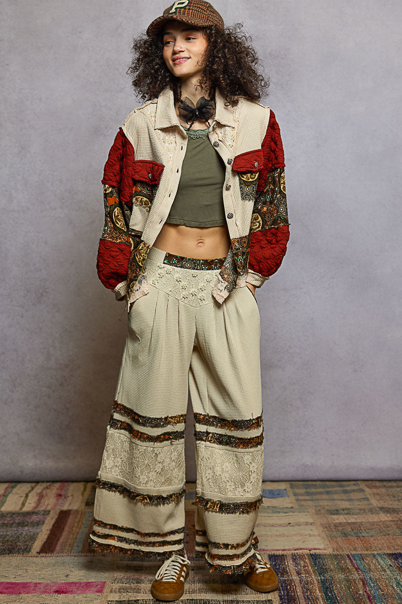 Balloon Sleeve Jacket with Pearls and Floral Patterns