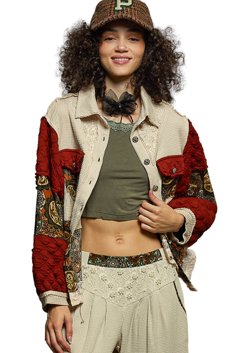 Balloon Sleeve Jacket with Pearls and Floral Patterns
