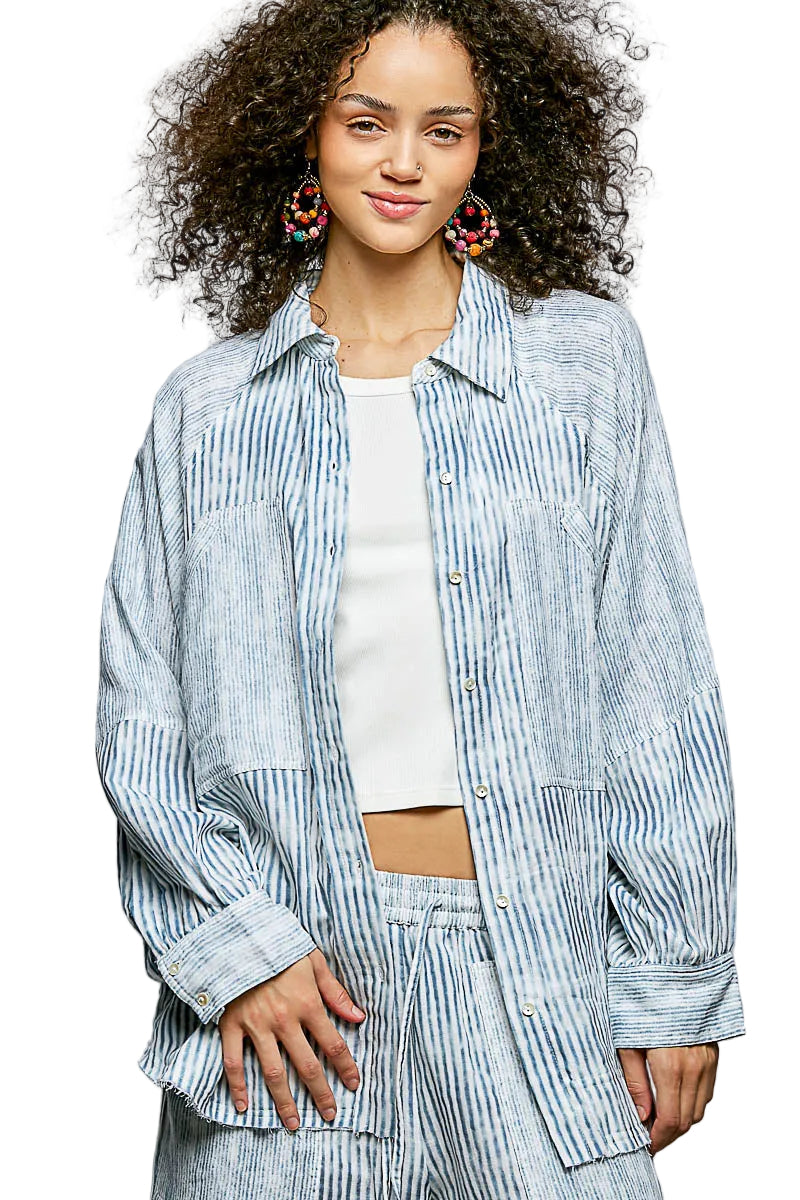 Relaxed Fit Stripe Button Up Top with Oversized Pockets