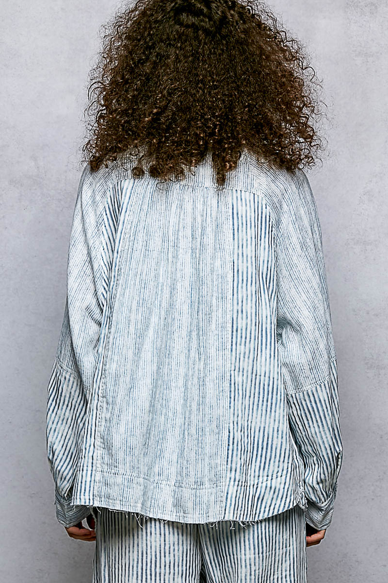 Relaxed Fit Stripe Button Up Top with Oversized Pockets