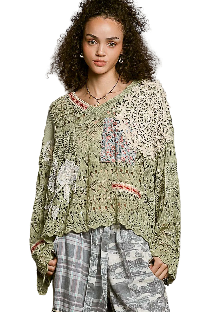 V-Neck Crochet Sweater