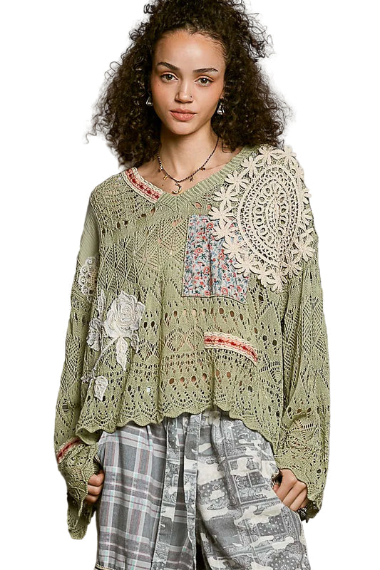 V-Neck Crochet Sweater