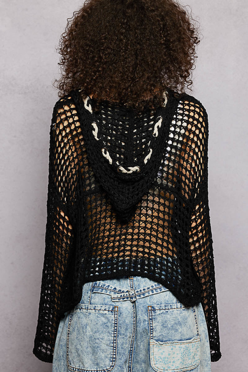 V-Neck L/S Crochet Hoodie with Star Patch