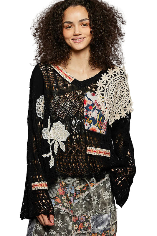 V-Neck Crochet Sweater