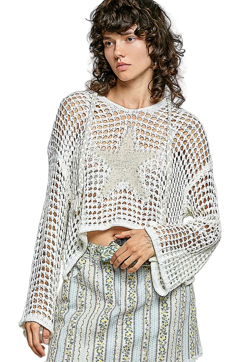 V-Neck L/S Crochet Hoodie with Star Patch