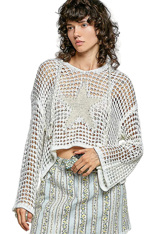 V-Neck L/S Crochet Hoodie with Star Patch