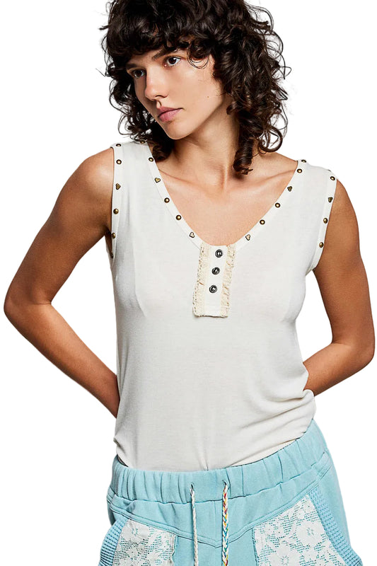 V-Neck Side Slits Tank Top with Studs