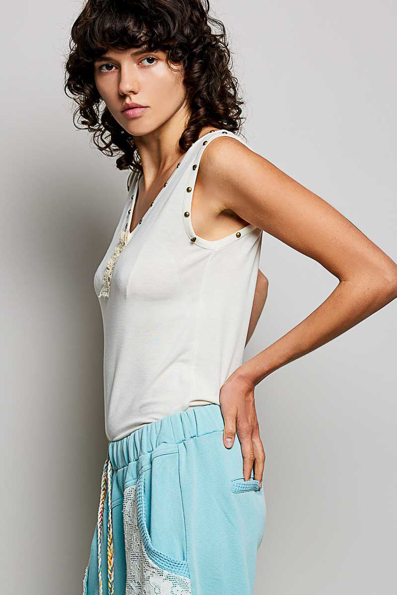 V-Neck Side Slits Tank Top with Studs