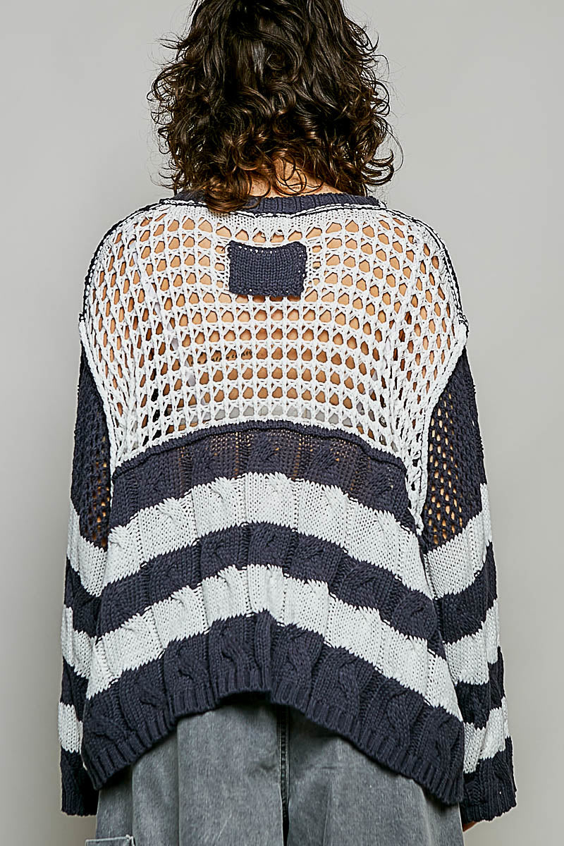 V-Neck L/S Crochet Sweater
