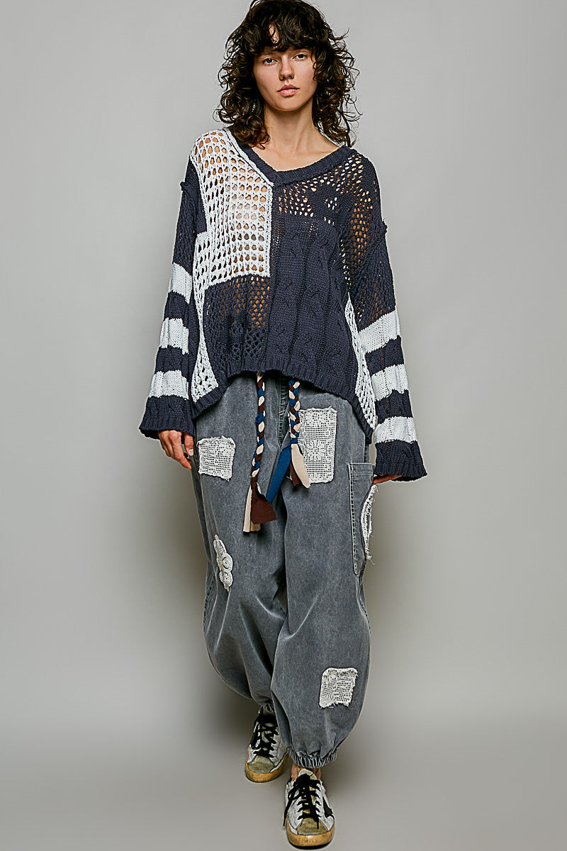 V-Neck L/S Crochet Sweater