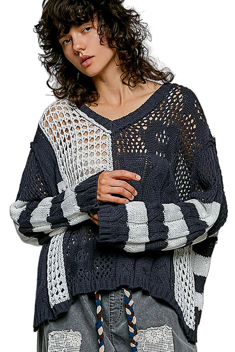 V-Neck L/S Crochet Sweater