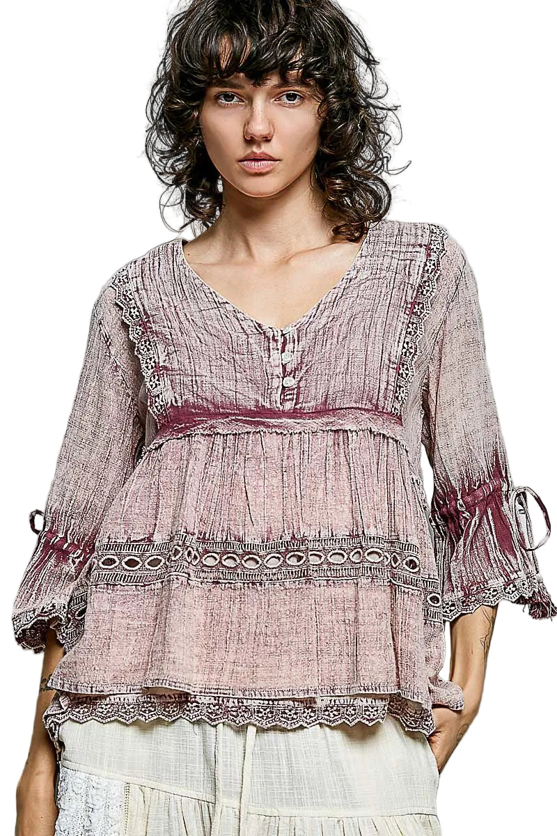 V-Neck Ruffle and Embroidery Top Tassel Tie Sleeve