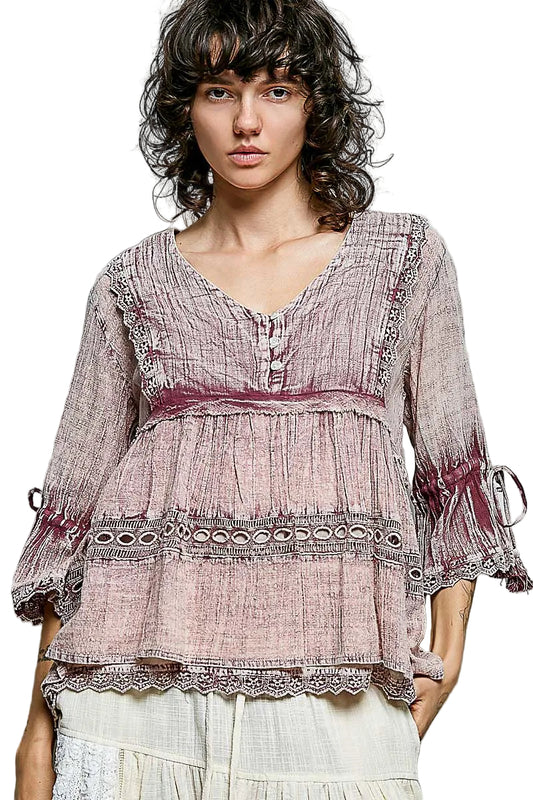 V-Neck Ruffle and Embroidery Top Tassel Tie Sleeve