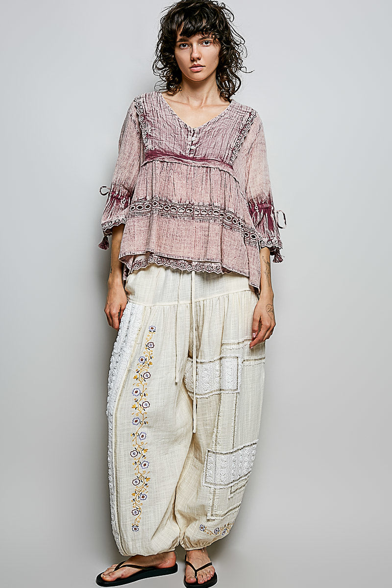V-Neck Ruffle and Embroidery Top Tassel Tie Sleeve
