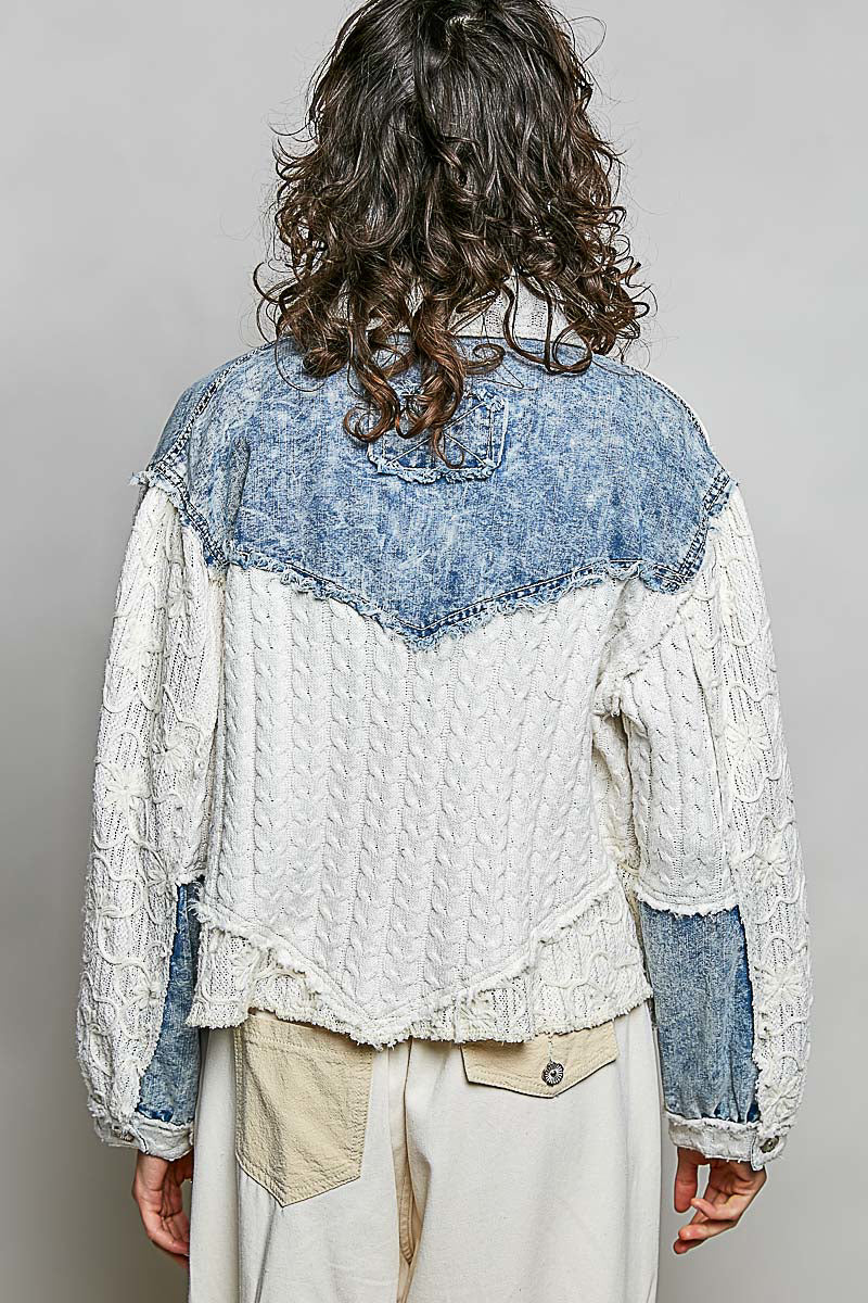 L/S Shirt Twill/Printed Cable Knit and Floral Embroidered Lace