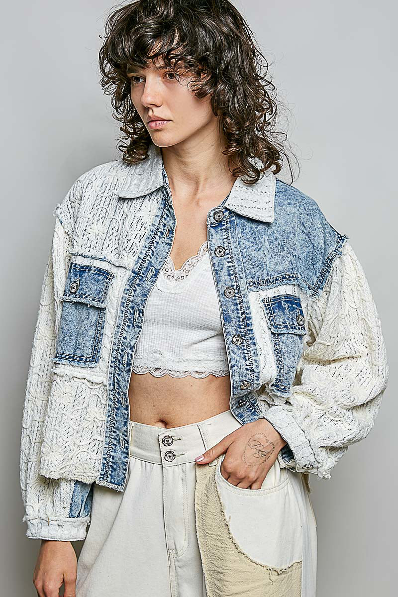 L/S Shirt Twill/Printed Cable Knit and Floral Embroidered Lace